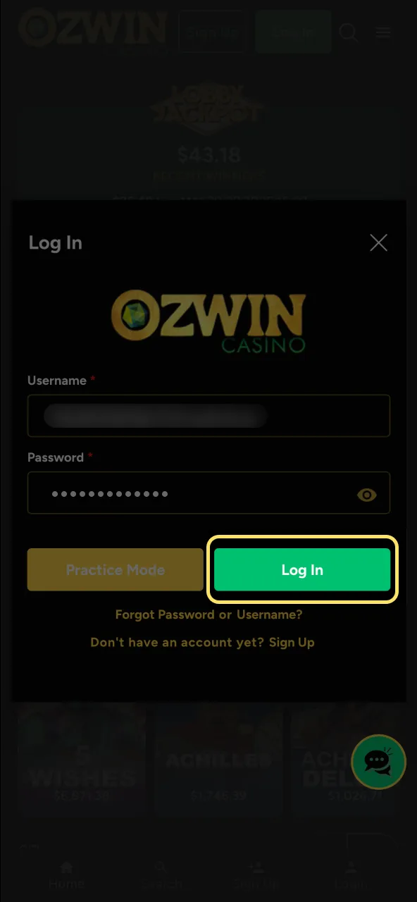 Final login step on Ozwin Casino with a Submit button to enter.