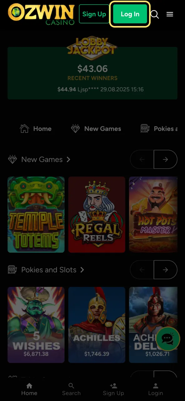 Green Log In button displayed on the Ozwin Casino lobby page.