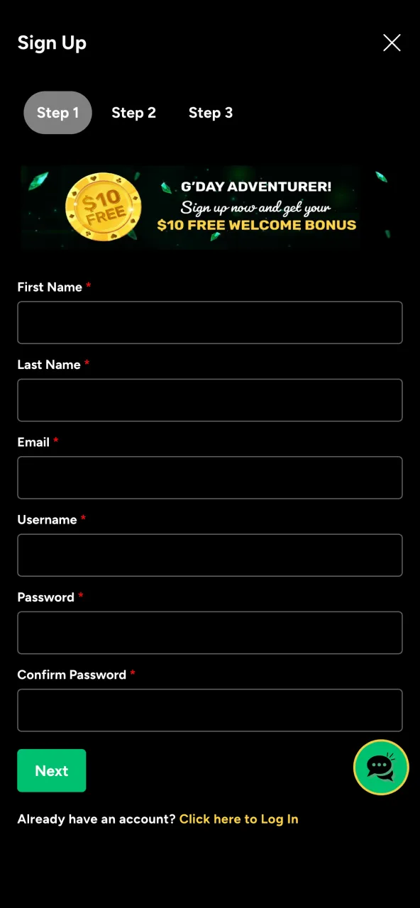 Create account screen on Ozwin Casino platform.